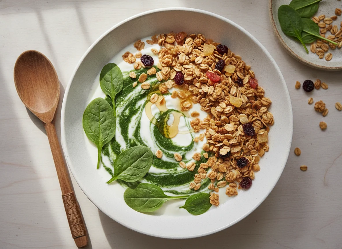Yogur con granola y espinacas photo