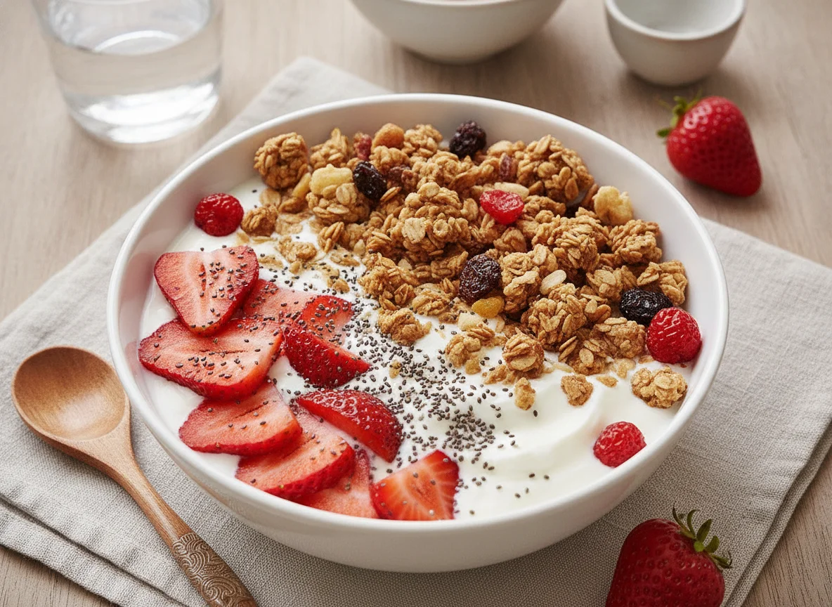 Yogur con granola y fresas photo
