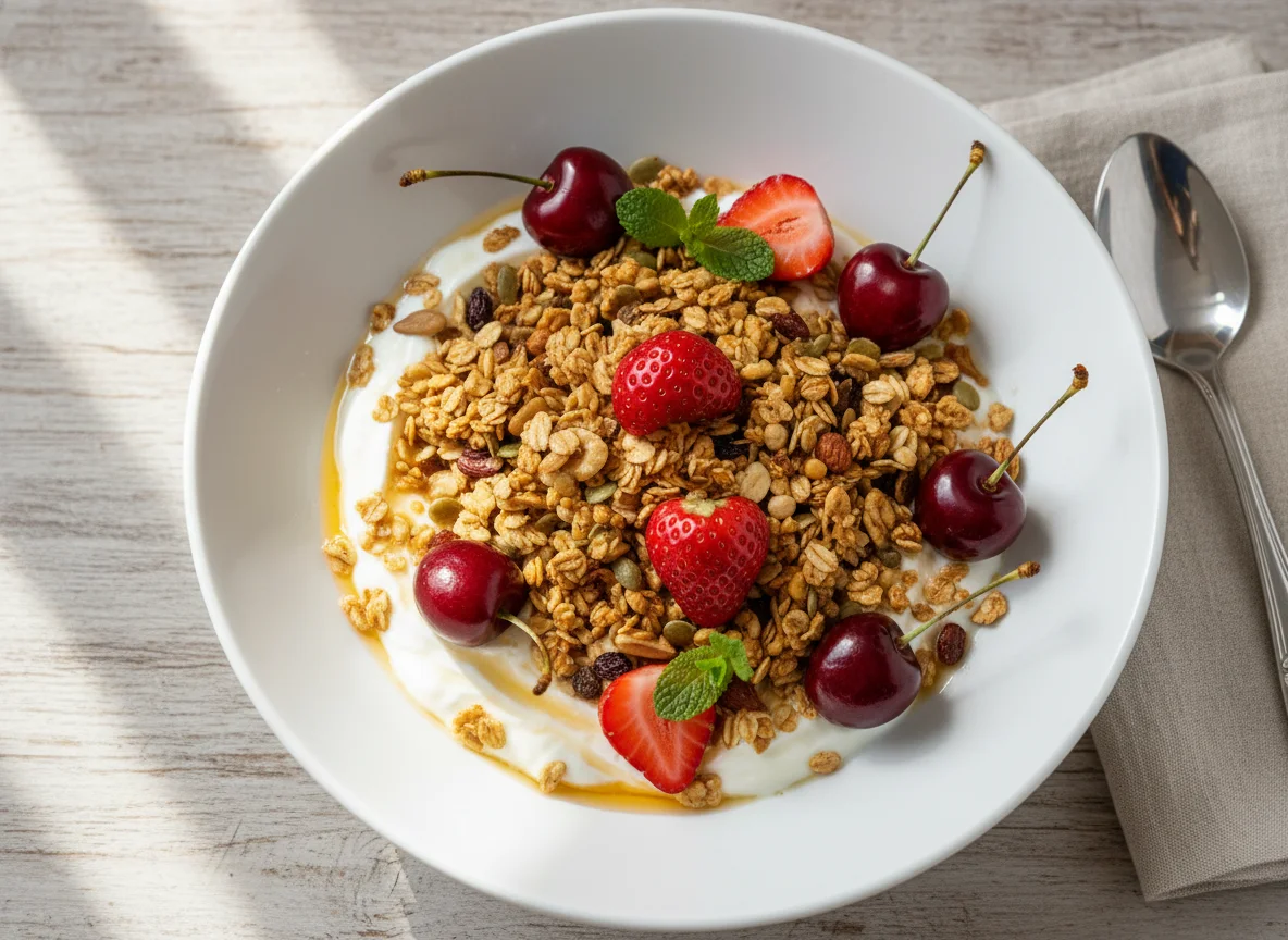 Yogur con granola y frutas photo