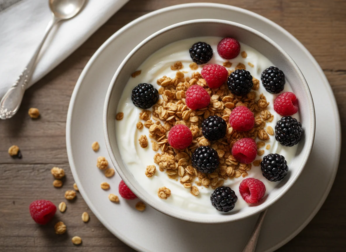 Yogur con granola y frutos rojos photo