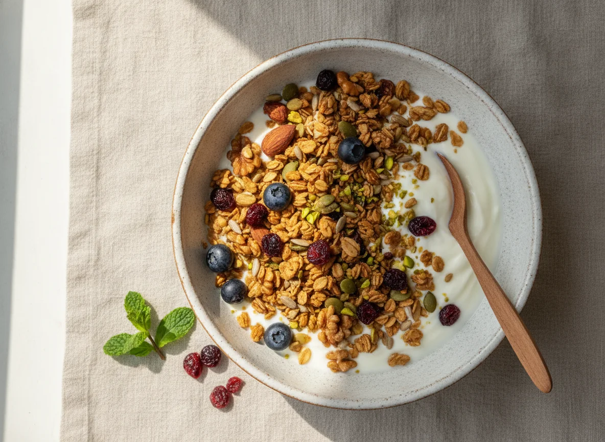Yogur con granola y frutos secos photo