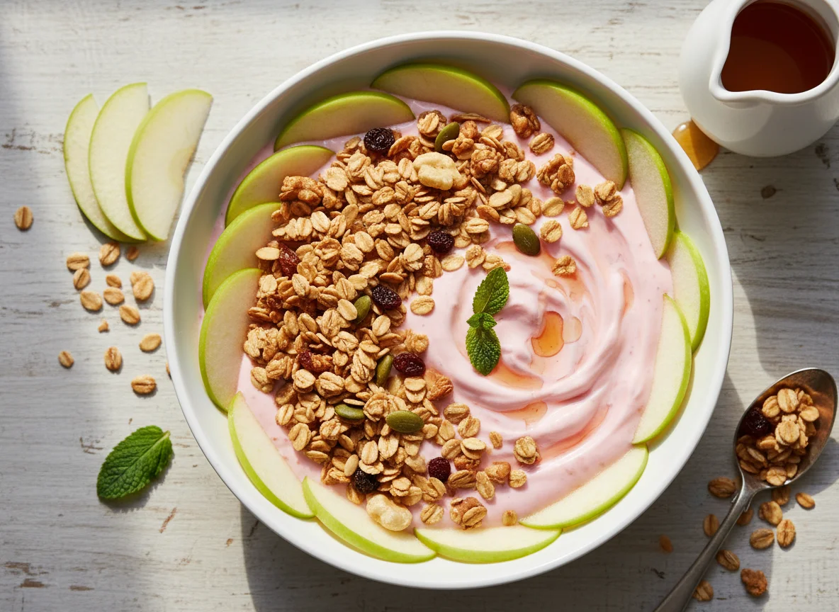 Yogur con granola y manzana photo