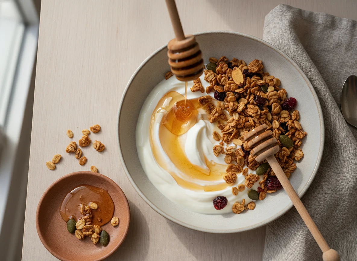 Yogur con granola y miel photo