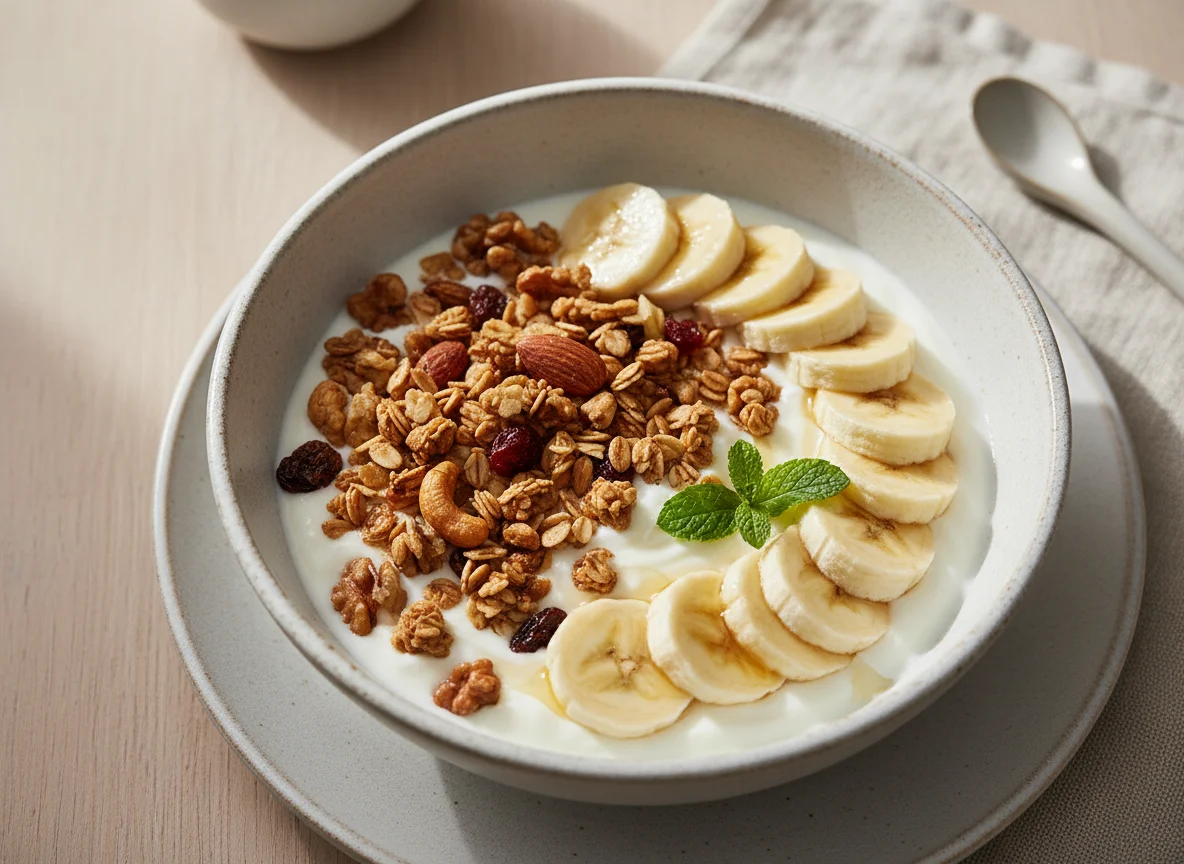 Yogur con granola y plátano photo