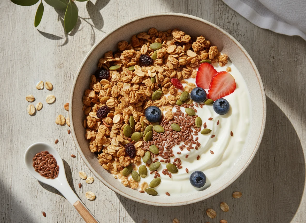 Yogur con granola y semillas photo