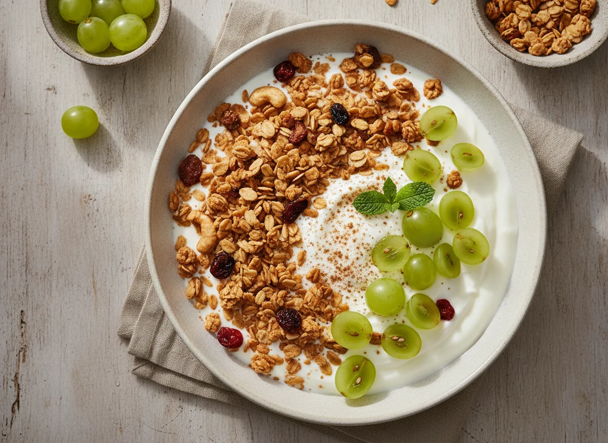 Yogur con granola y uvas photo
