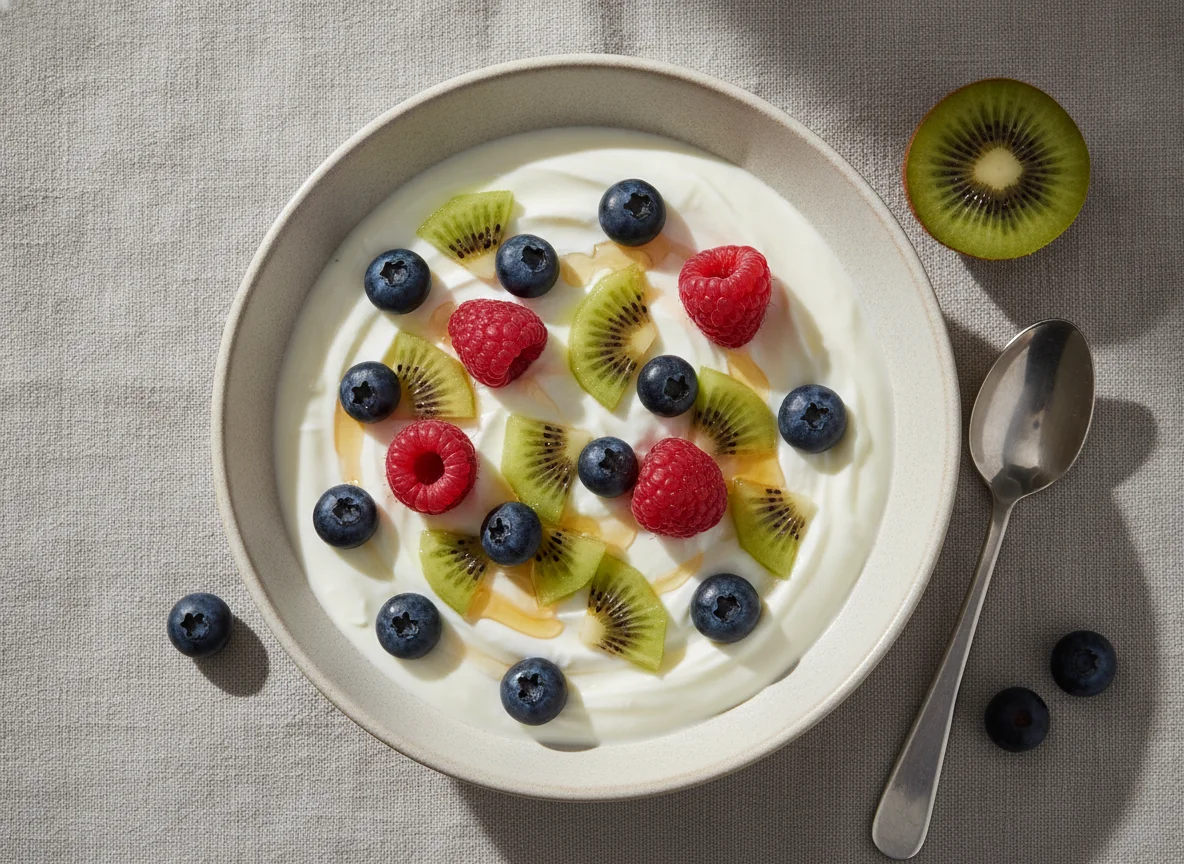 Yogur con kiwi, arándanos y frambuesas photo