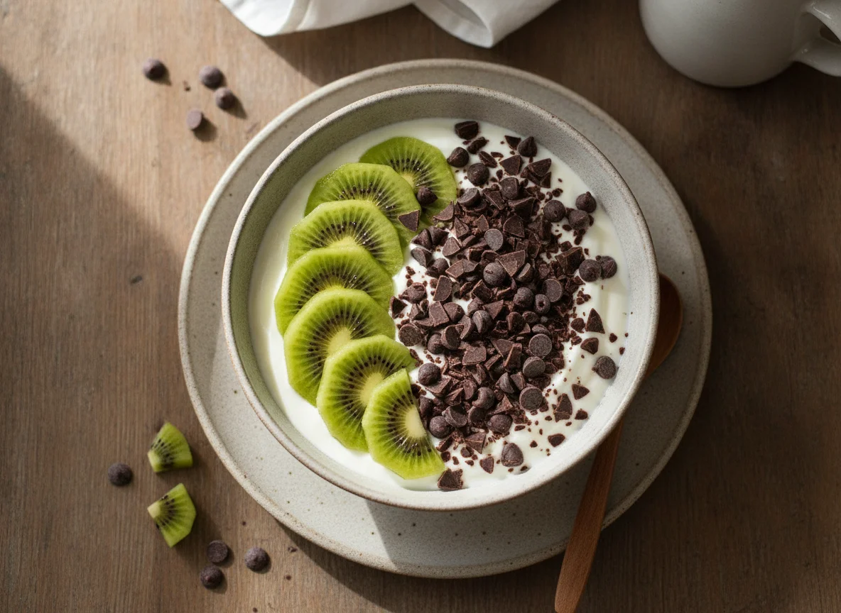 Yogur con kiwi y pepitas de chocolate photo
