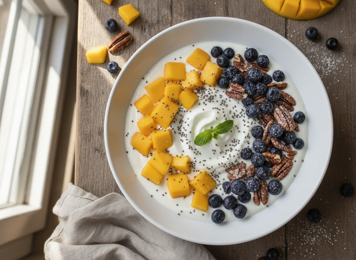 Yogur con mango, arándanos y nueces photo