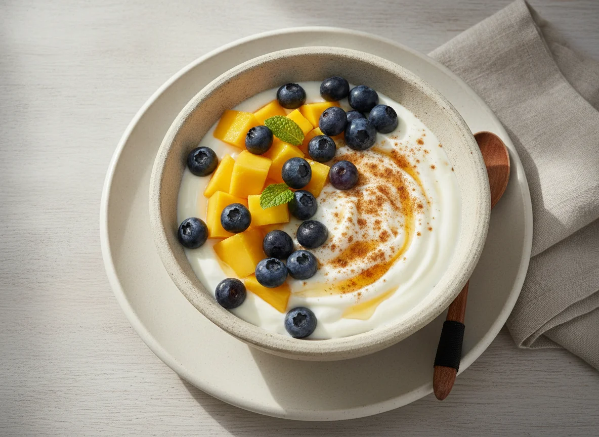 Yogur con mango y arándanos photo