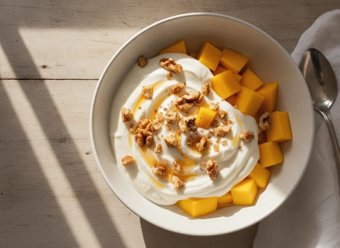 Yogur con mango y nueces photo