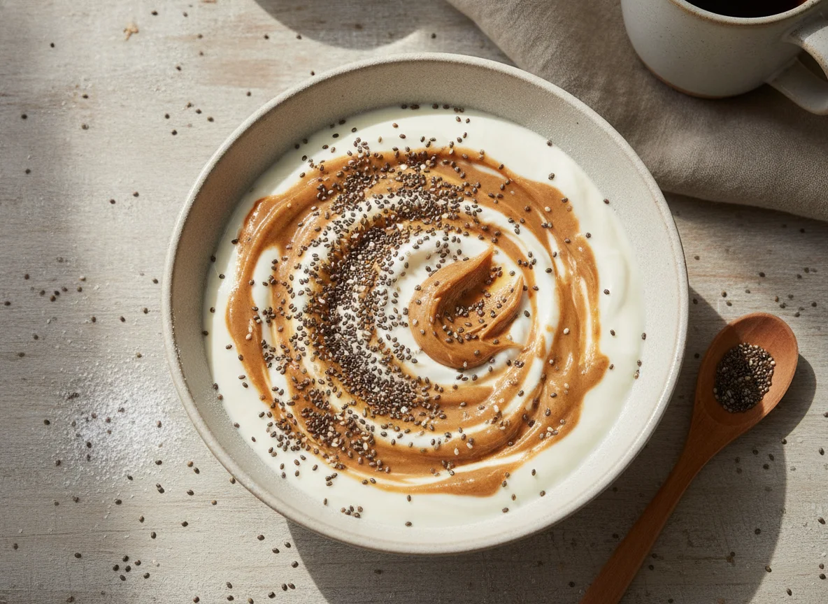 Yogur con mantequilla de cacahuete y semillas de chía photo