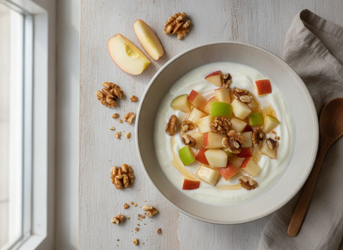 Yogur con manzana y nueces photo