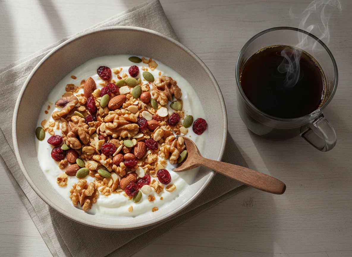 Yogur con mezcla de frutos secos y café photo