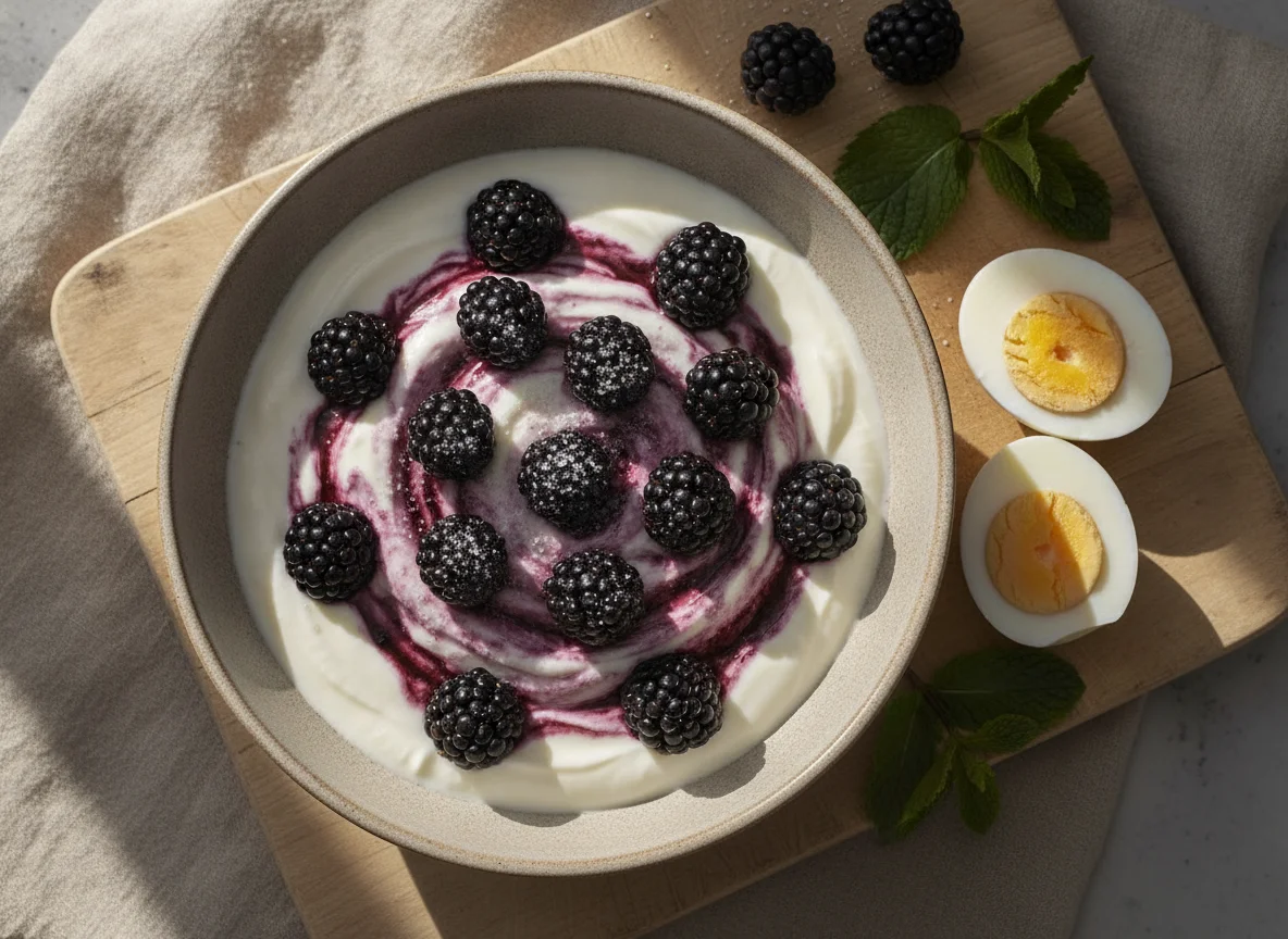 Yogur con moras y huevos cocidos photo