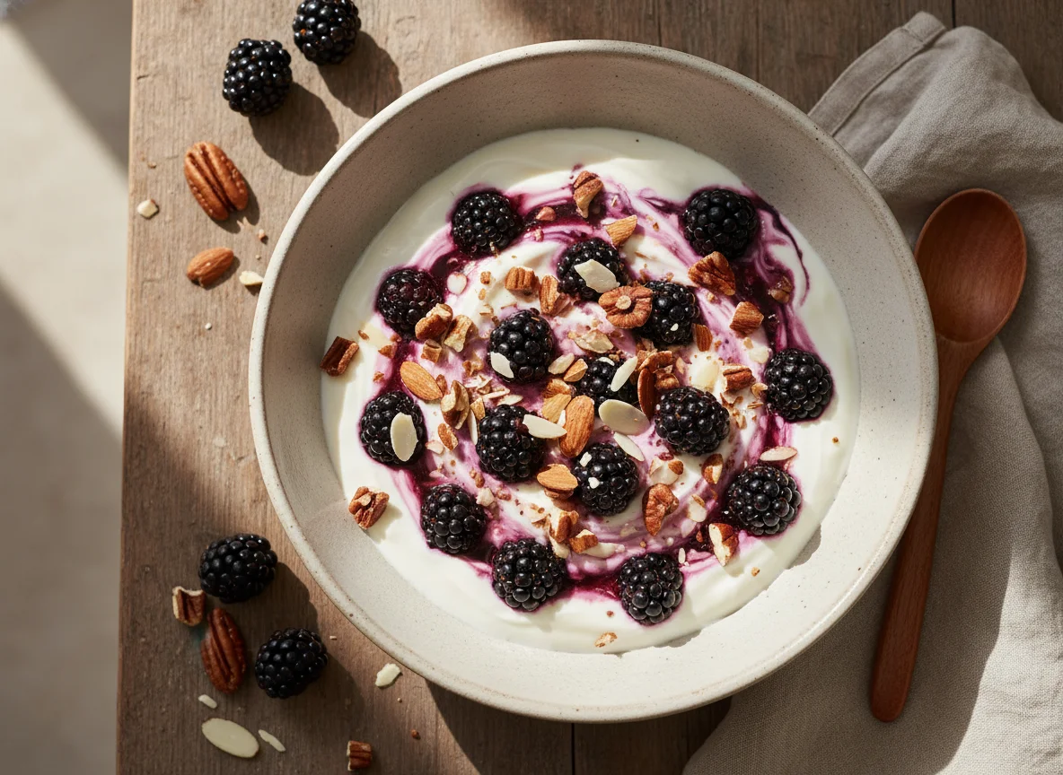 Yogur con moras y nueces photo
