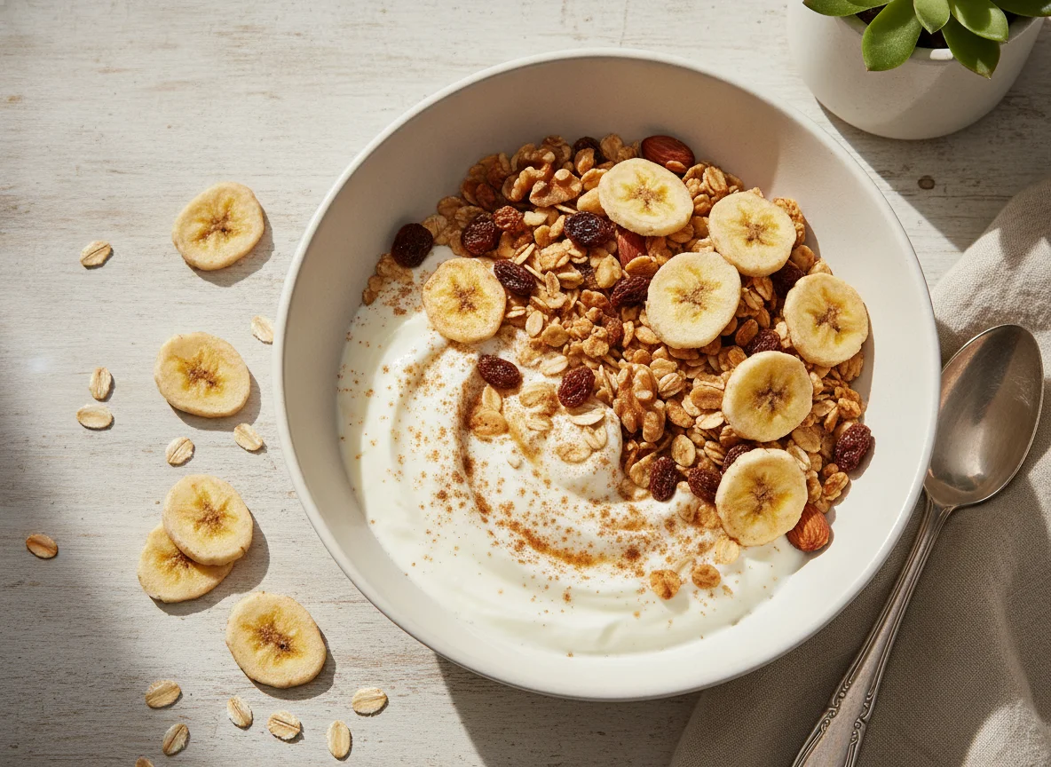 Yogur con muesli y plátano photo