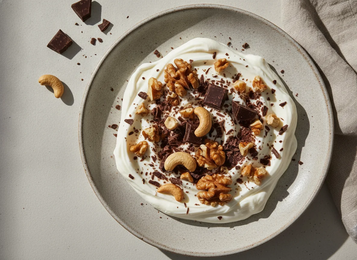 Yogur con nueces, anacardos y chocolate negro photo