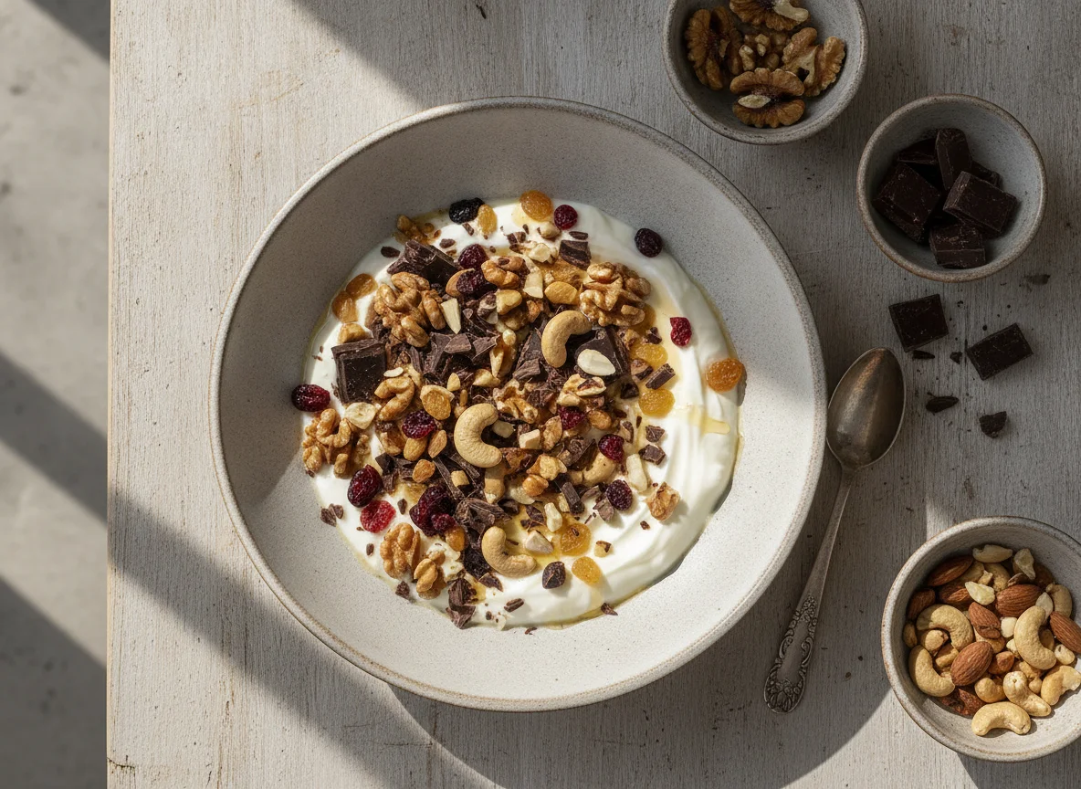 Yogur con nueces, chocolate y frutos secos photo