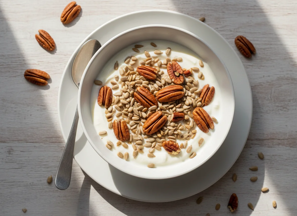 Yogur con nueces y semillas de girasol photo