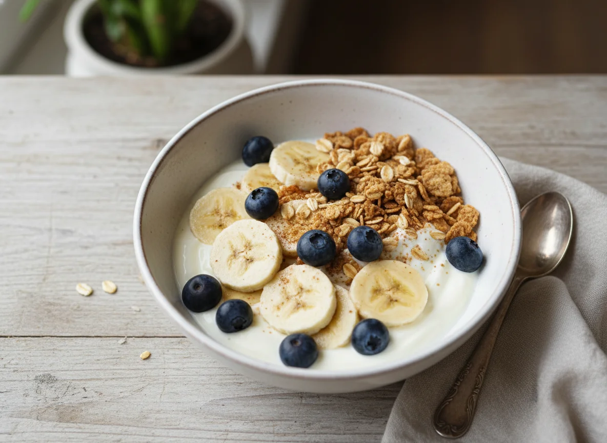 Yogur con plátano, arándanos y cereales photo
