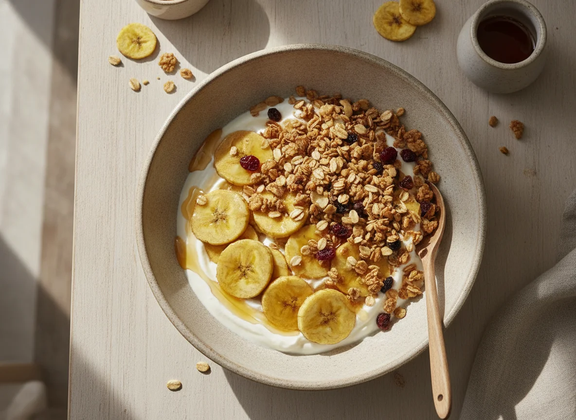 Yogur con plátano, granola y miel photo