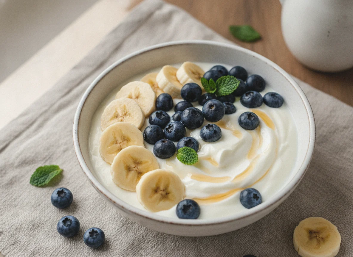 Yogur con plátano y arándanos photo
