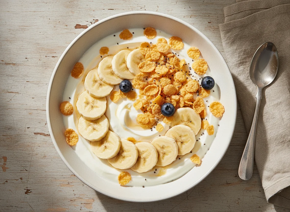 Yogur con plátano y cereales photo