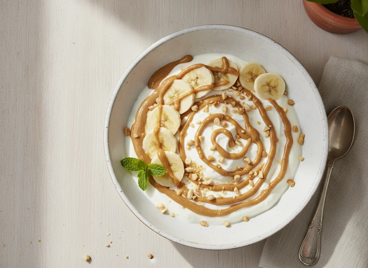 Yogur con plátano y crema de cacahuete photo