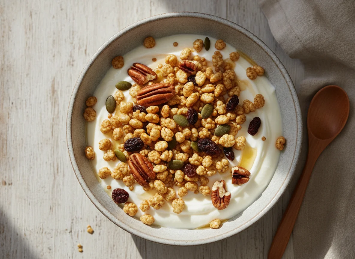 Yogur con quinoa inflada y frutos secos photo