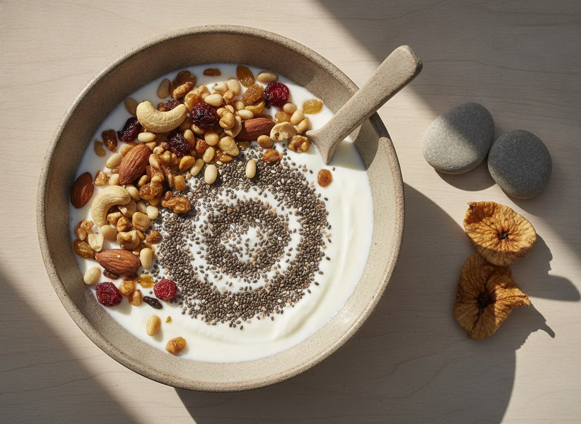 Yogur con semillas de chía y frutos secos photo