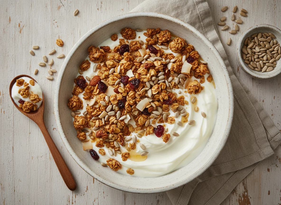 Yogur con semillas de girasol y granola photo