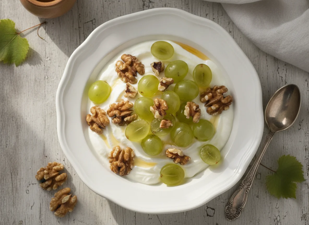 Yogur con uvas y nueces photo