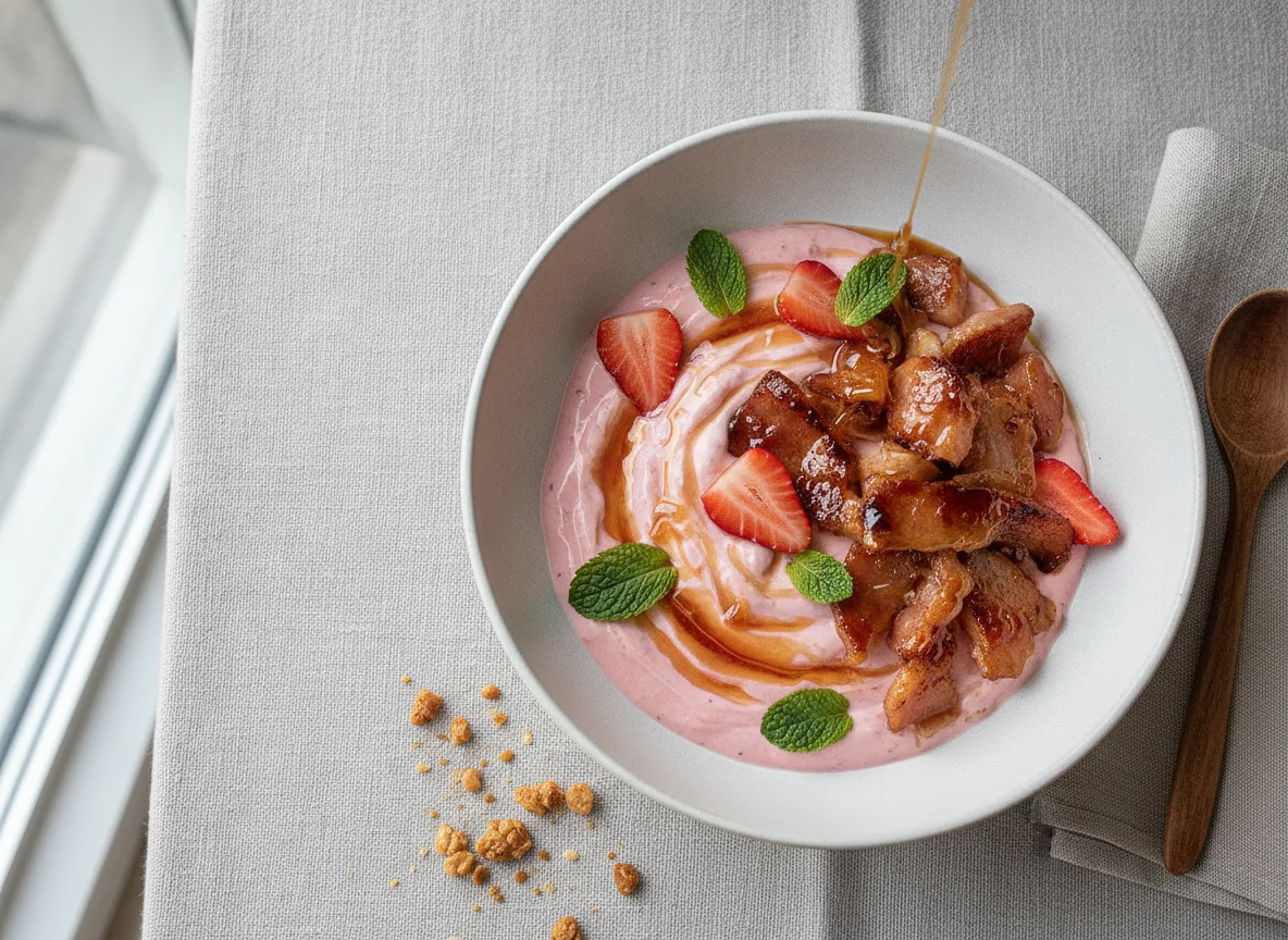 Yogur de frutilla y jamón acaramelado photo