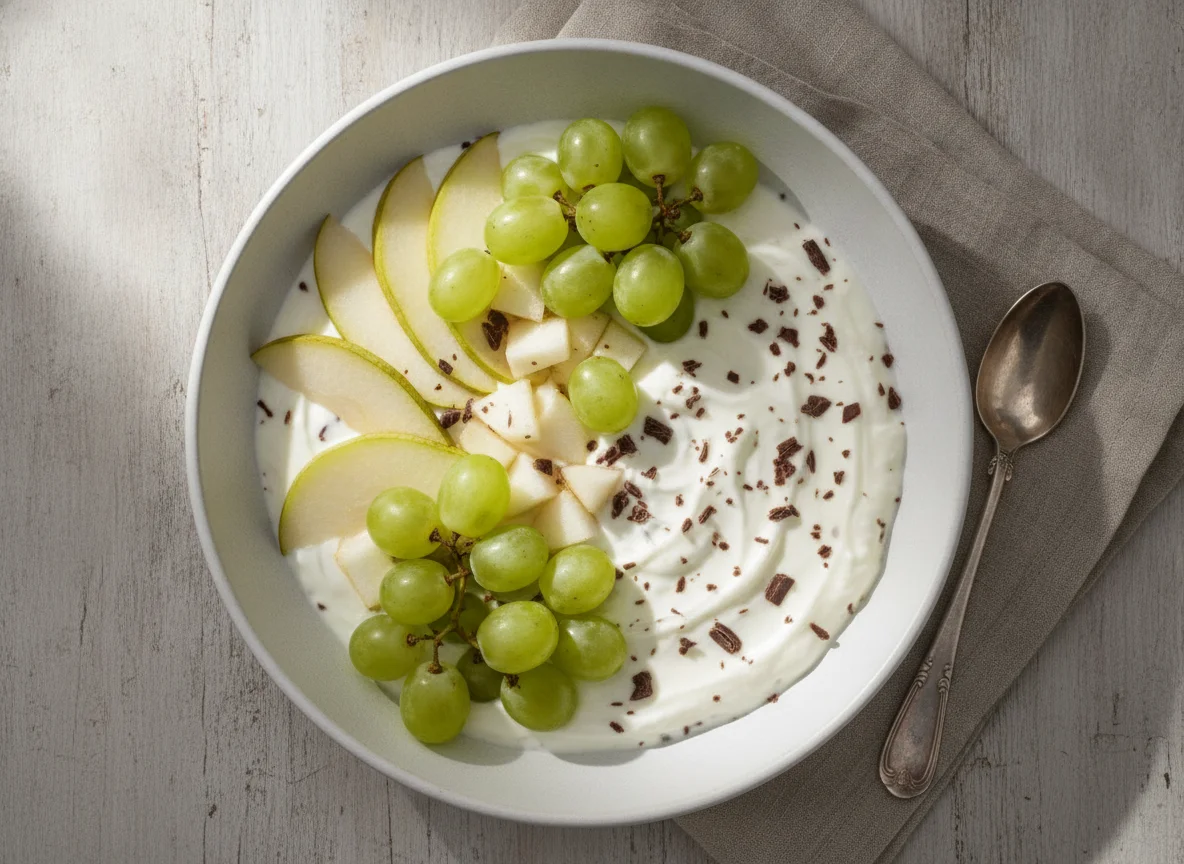 Yogur de stracciatella con pera y uva photo