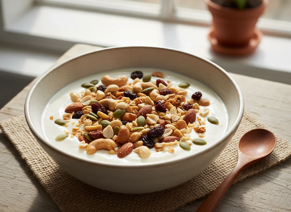 Yogur griego con frutos secos y semillas photo