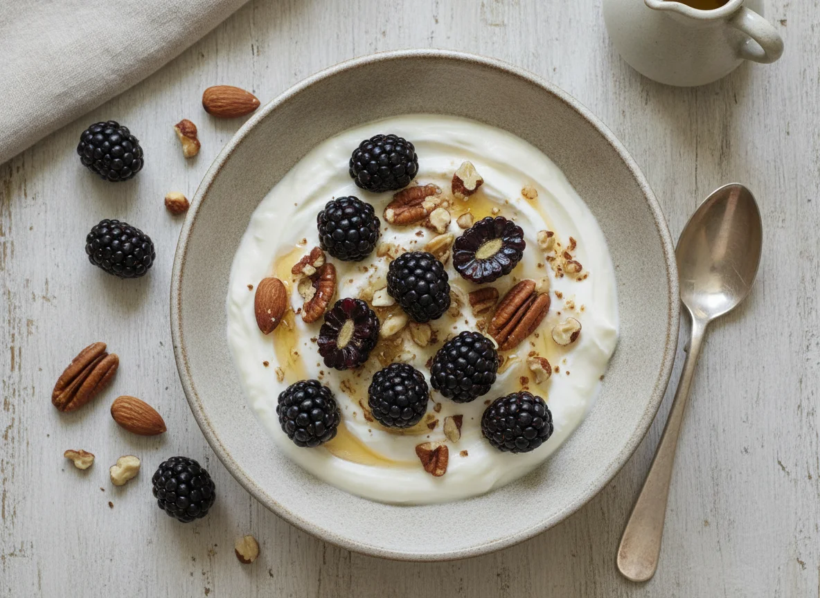 Yogur griego con moras y nueces photo
