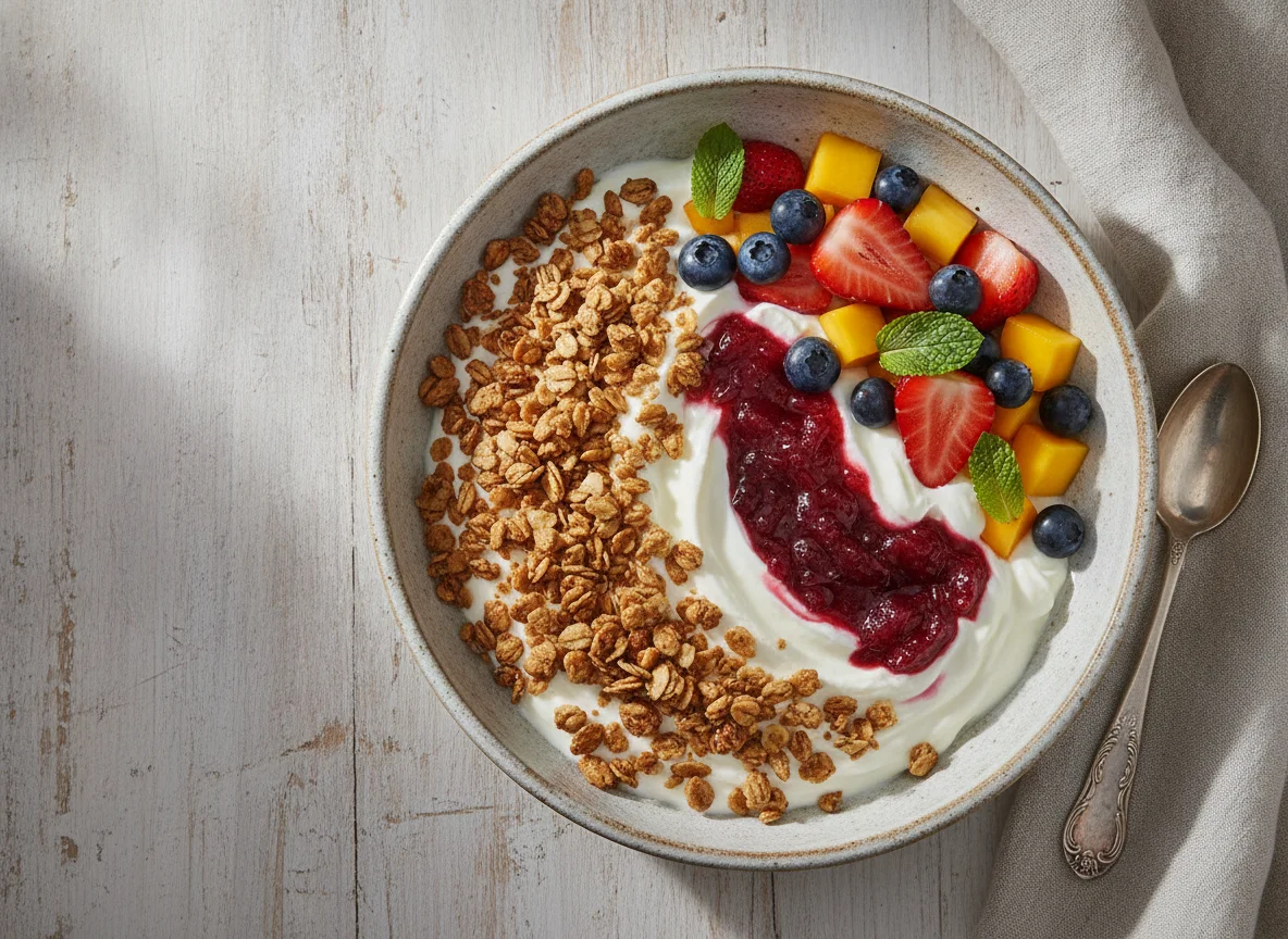 Yogurt batido natural con granola y mix de frutas photo