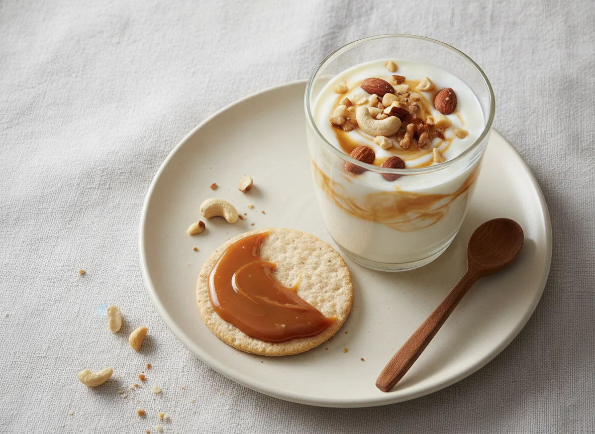 Yogurt bebible con frutos secos y galletita con dulce de leche photo