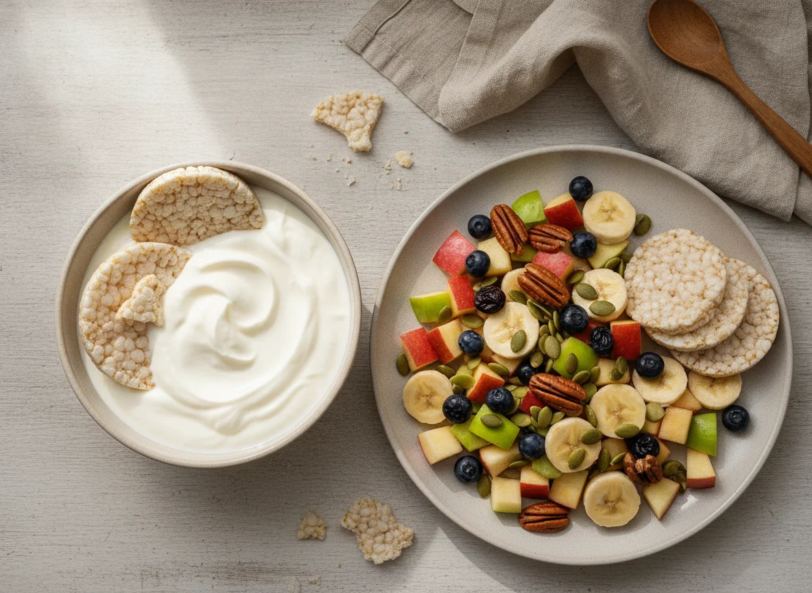 Yogurt con galletas de arroz y ensalada de frutas con frutos secos photo