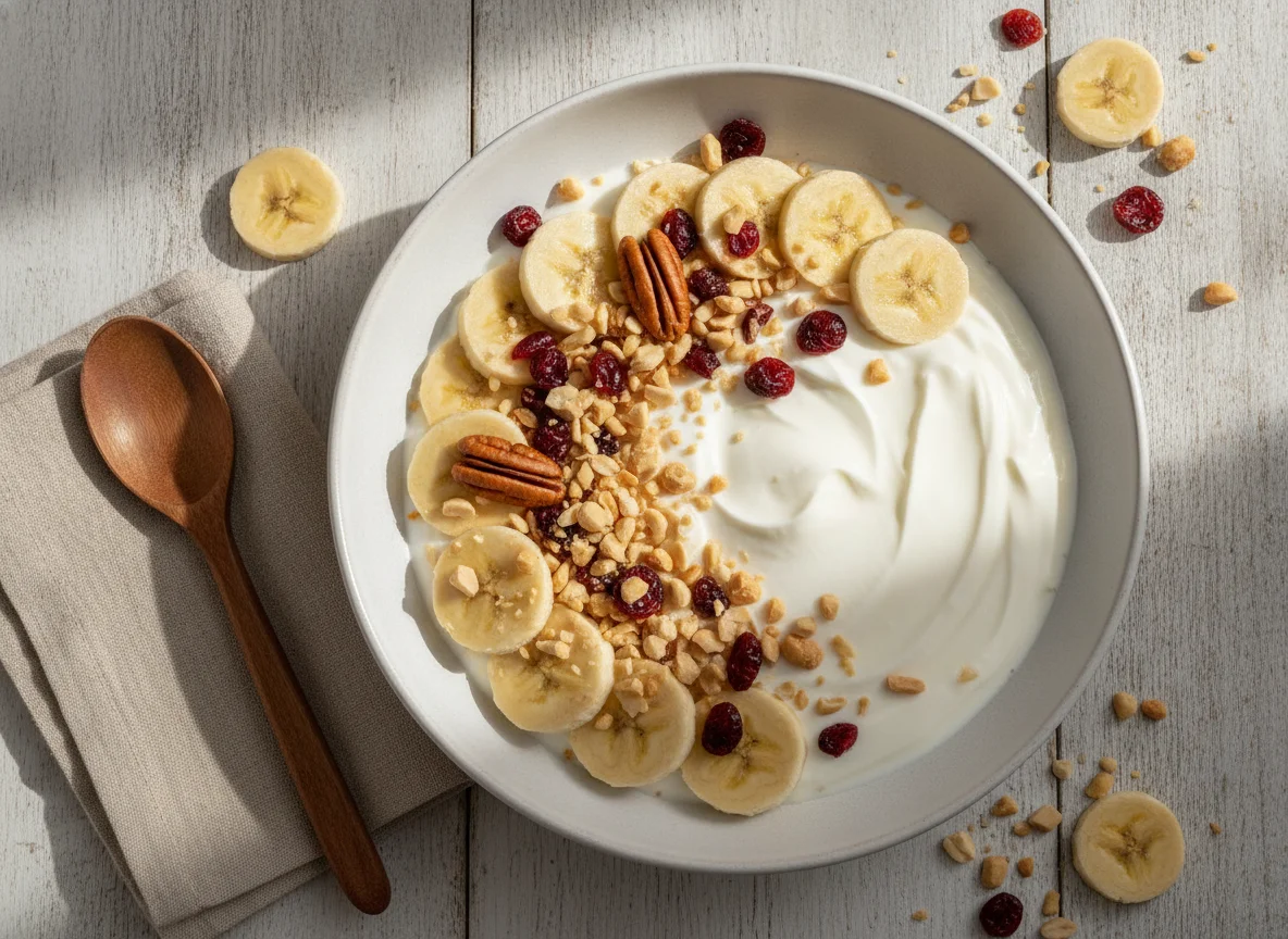Yogurt con plátano y frutos secos photo