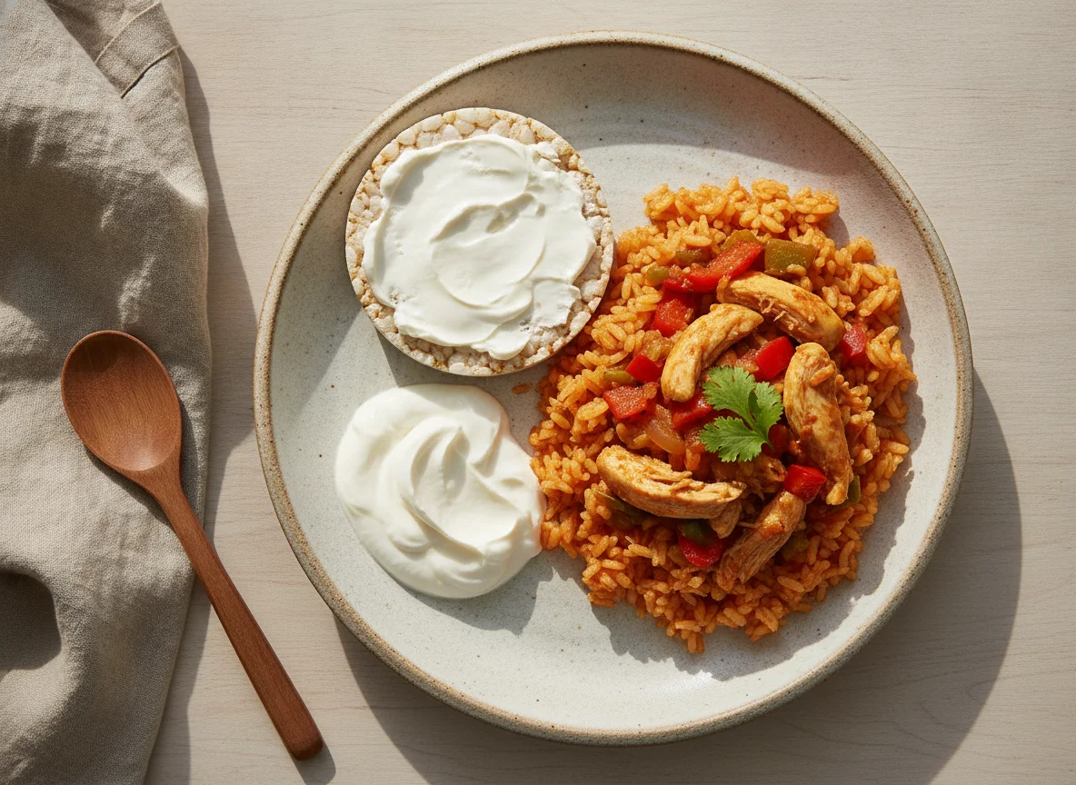 Yogurt griego con galleta de arroz y guiso de pollo con arroz photo