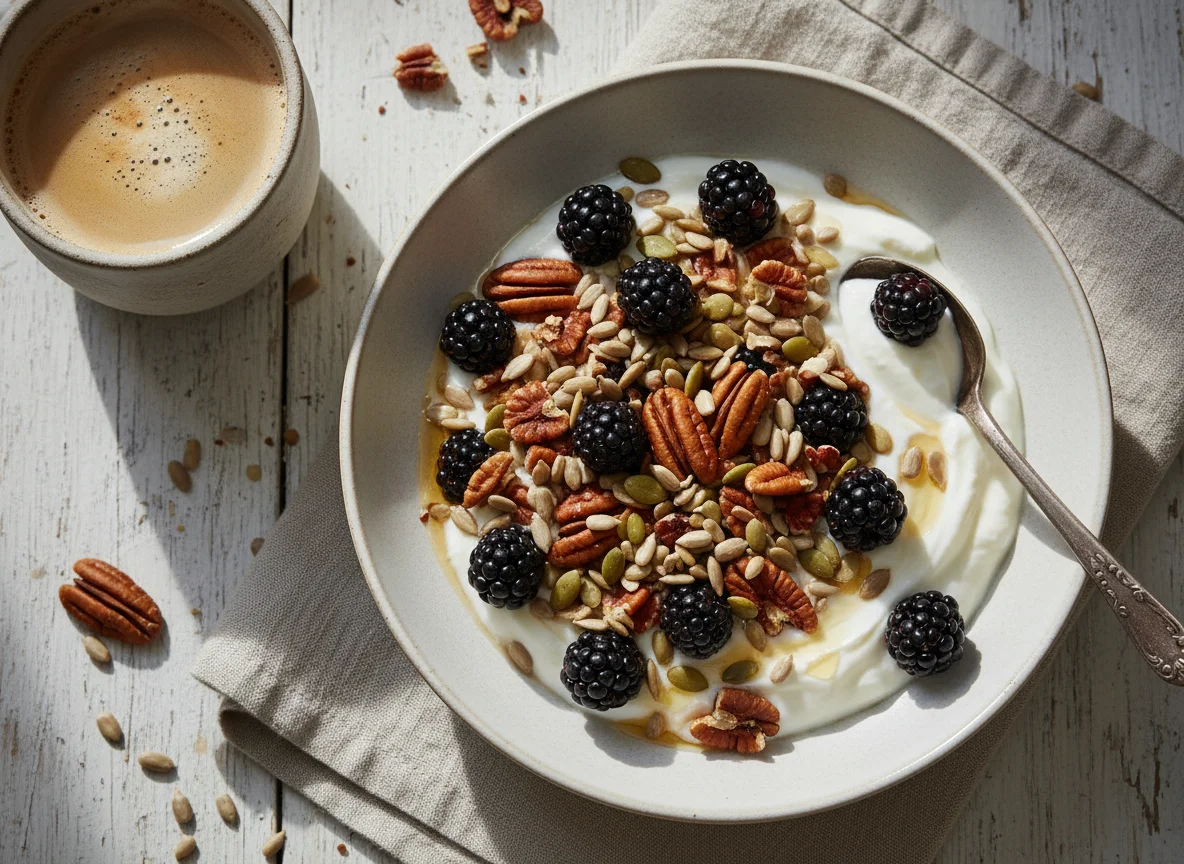 Yogurth griego con frutos secos y café photo