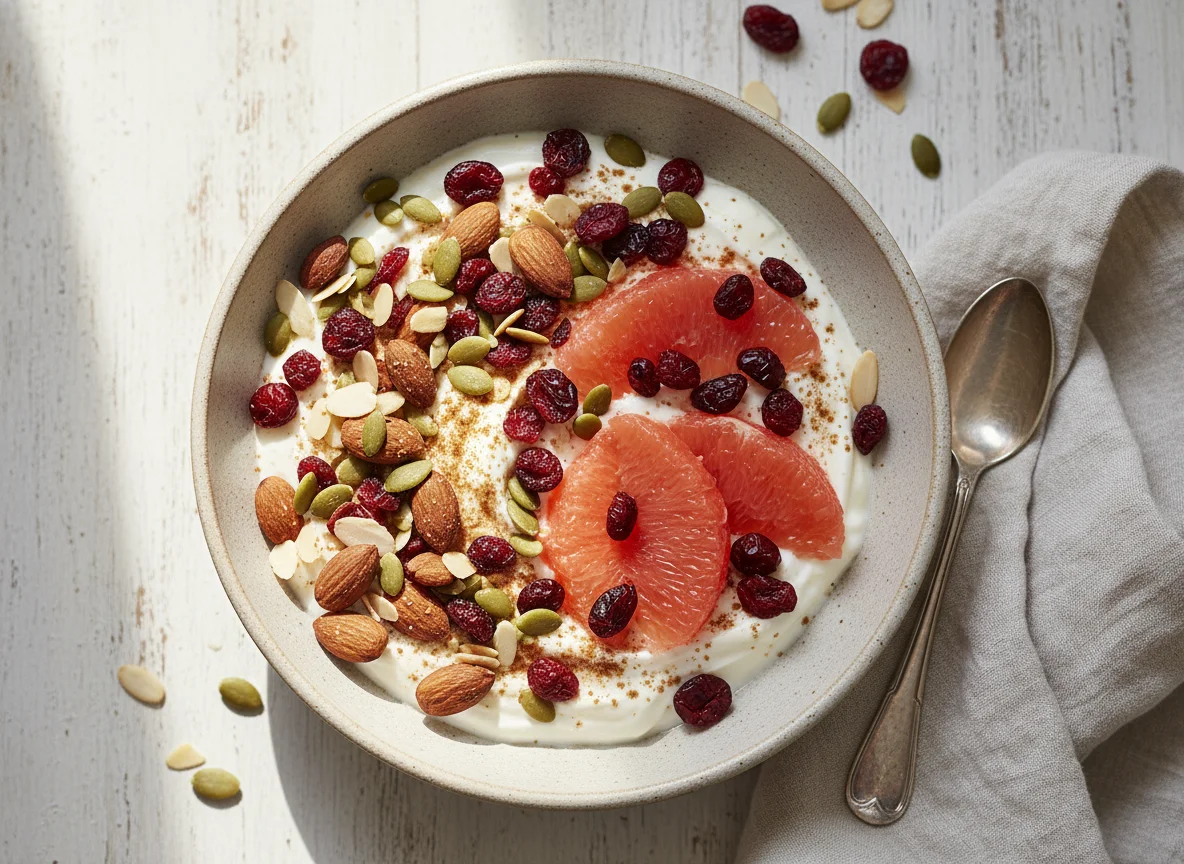 Yogurth griego con frutos secos y toronja photo