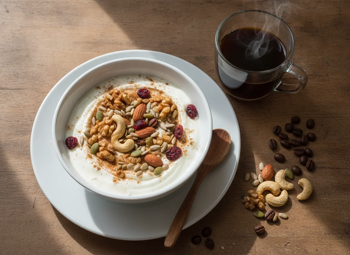 Yogurth griego con mezcla de frutos secos y café photo