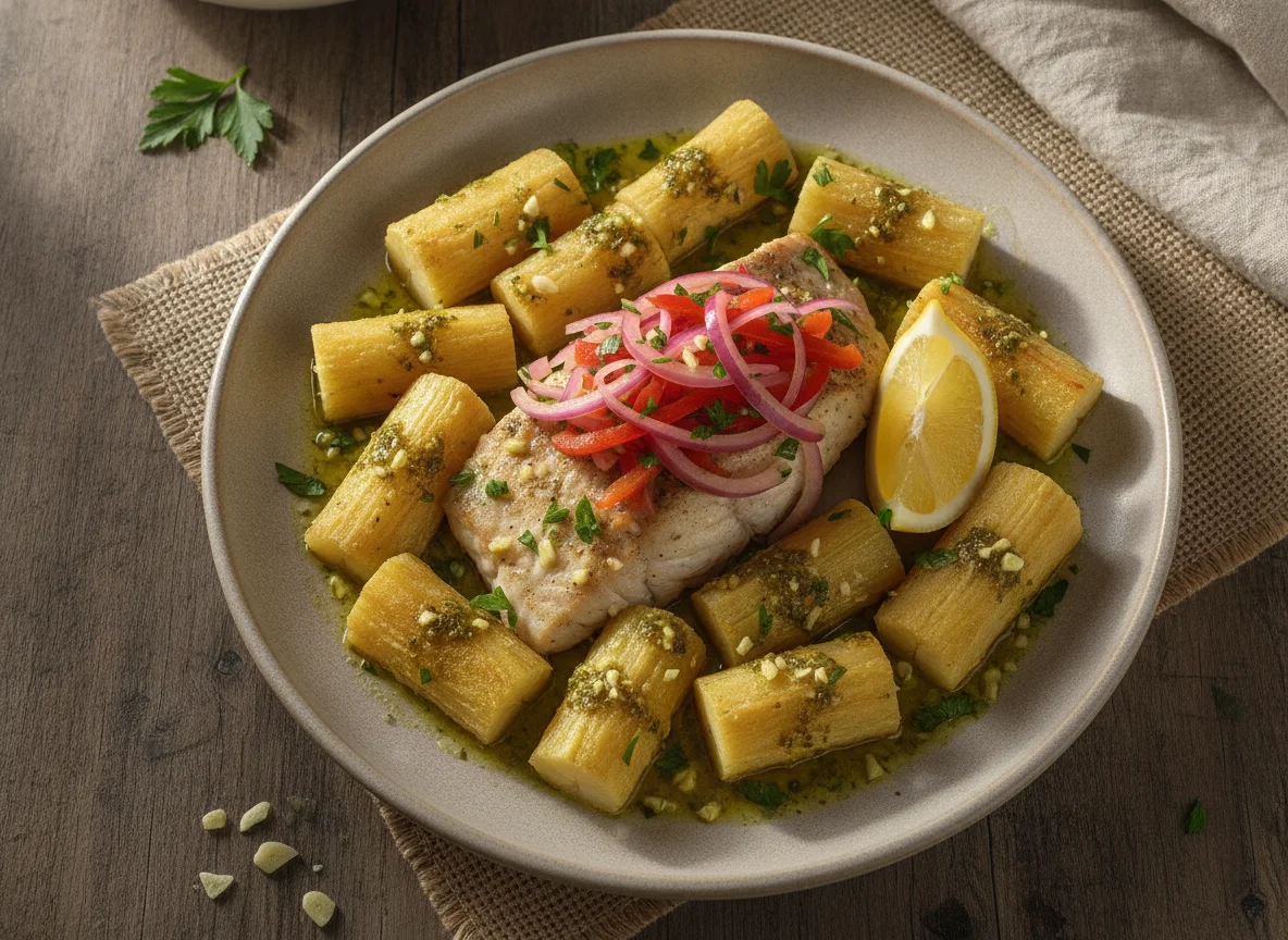 Yuca al mojo con pescado y salsa criolla photo
