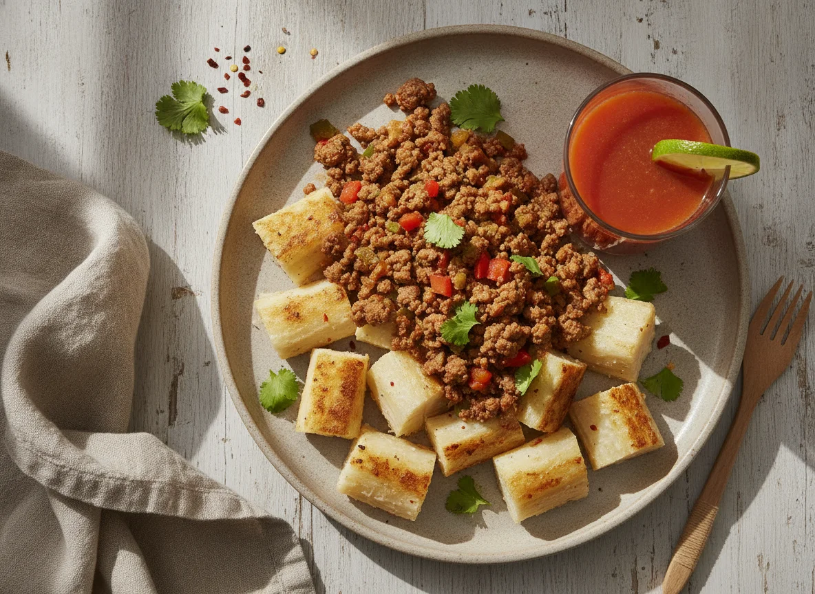 Yuca con carne molida y jugo photo