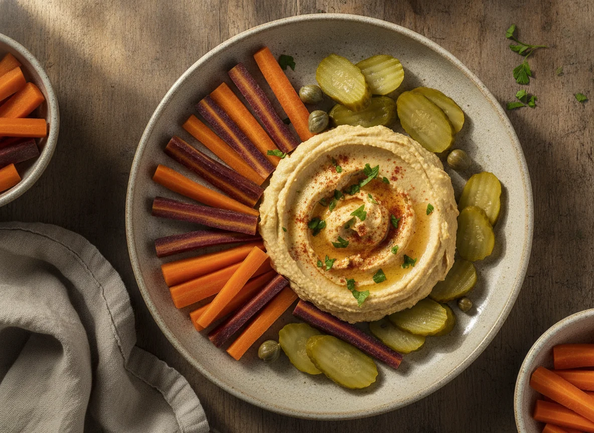 Zanahorias con hummus y pepinillo photo