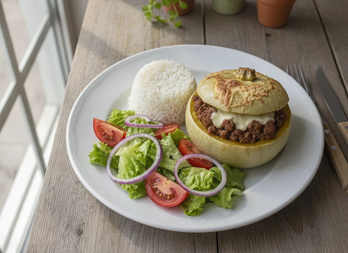 Zapallito relleno con arroz y ensalada photo