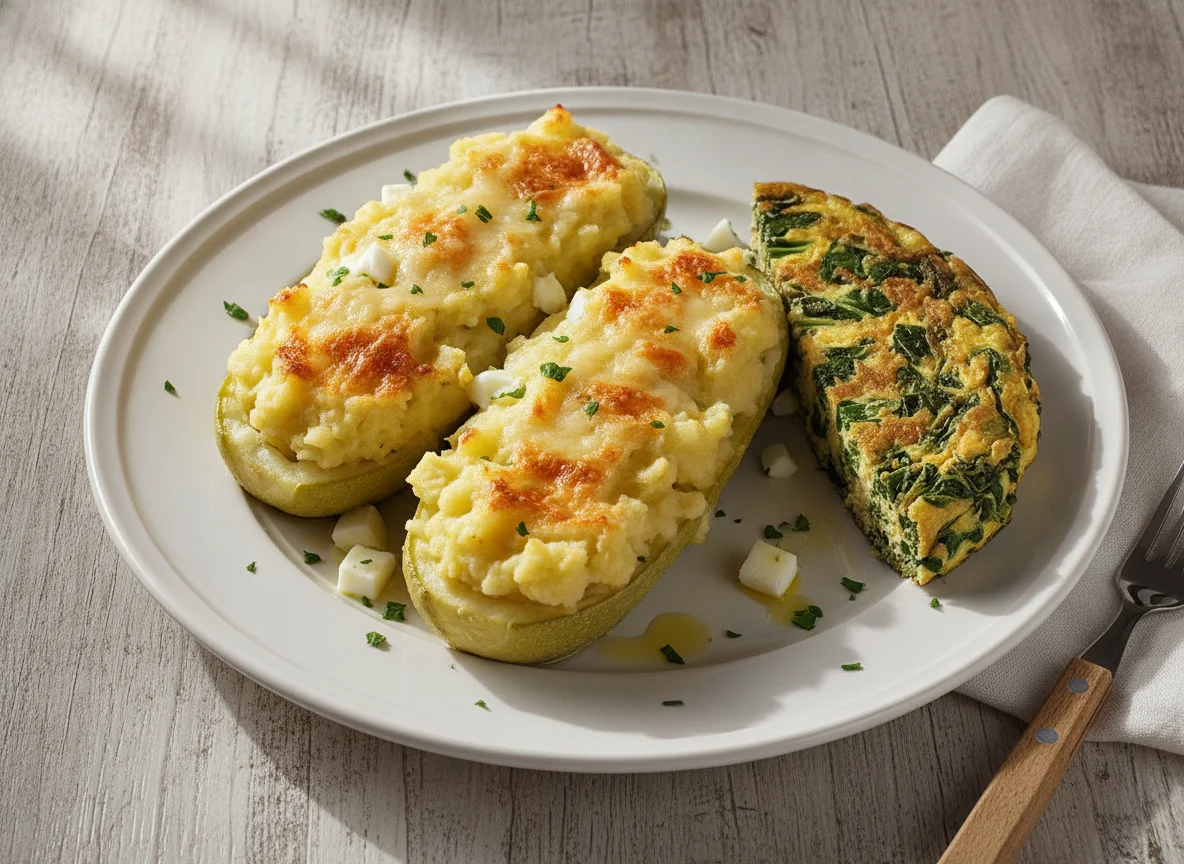 Zapallitos italianos rellenos con puré de papas y tortilla de espinaca photo